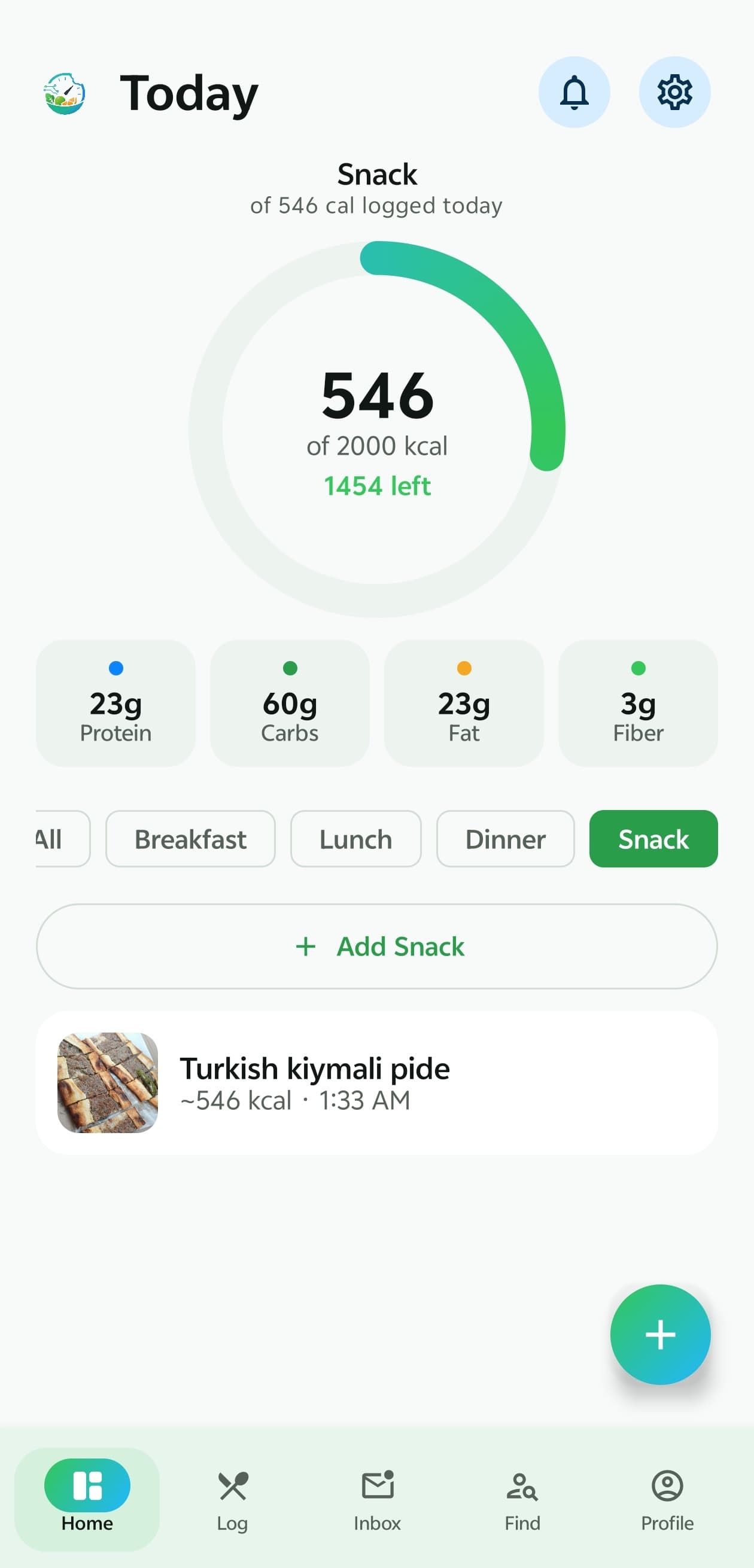 BiteMeasure Today screen: 546 of 2,000 kcal ring with protein, carbs, fat and fiber totals